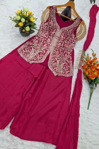 Rani-pink viscose embroidered sharara set