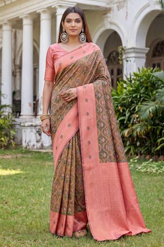 GREEN PINK ART SILK BANARASI JACUARD WORK SAREE WITH UNSTITCHED BLOUSE PIECE