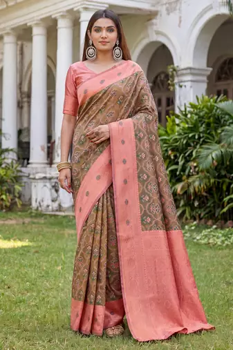 GREEN PINK ART SILK BANARASI JACUARD WORK SAREE WITH UNSTITCHED BLOUSE PIECE