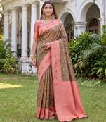 GREEN PINK ART SILK BANARASI JACUARD WORK SAREE WITH UNSTITCHED BLOUSE PIECE