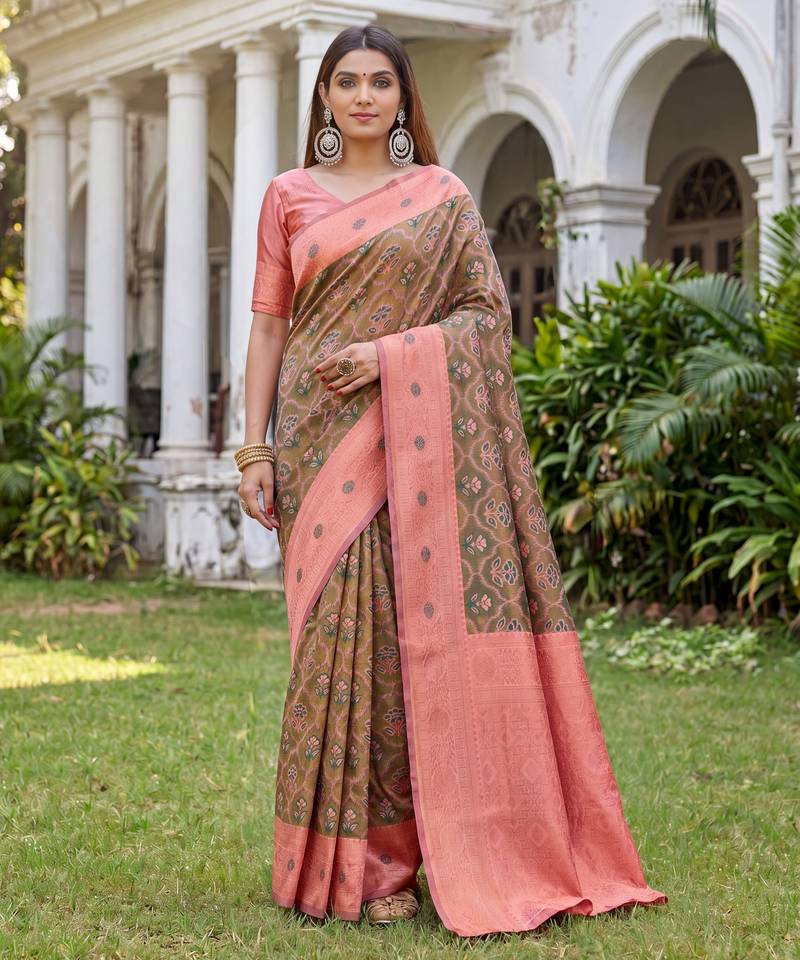 GREEN PINK ART SILK BANARASI JACUARD WORK SAREE WITH UNSTITCHED BLOUSE PIECE