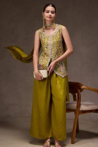 Green viscose embroidered sharara set