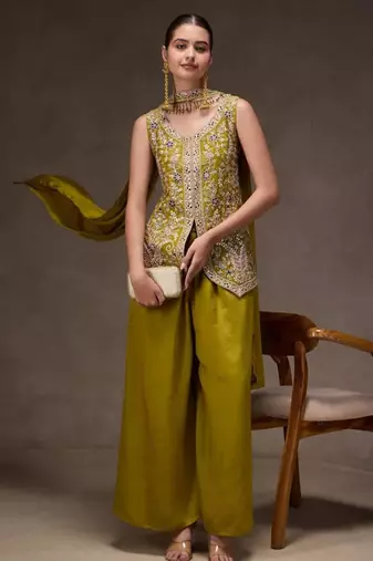 Green viscose embroidered sharara set
