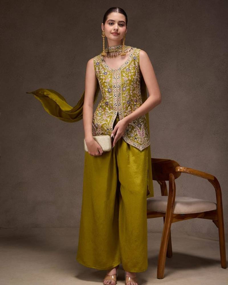 Green viscose embroidered sharara set