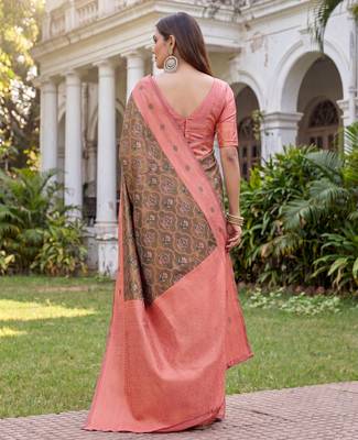 GREEN PINK ART SILK BANARASI JACUARD WORK SAREE WITH UNSTITCHED BLOUSE PIECE 2