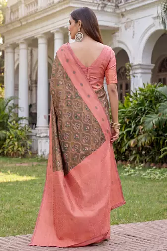 GREEN PINK ART SILK BANARASI JACUARD WORK SAREE WITH UNSTITCHED BLOUSE PIECE