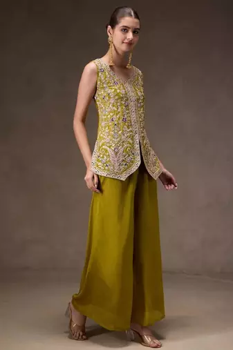 Green viscose embroidered sharara set