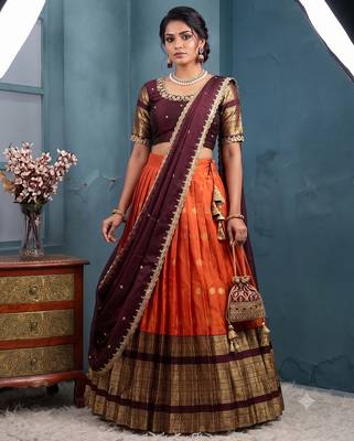 Orange Half Saree Set with Maroon Embroidered Blouse & Dupatta 1