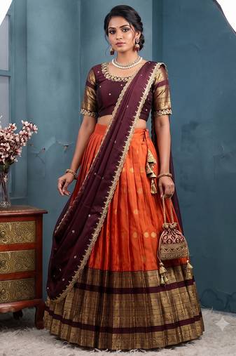 Orange Half Saree Set with Maroon Embroidered Blouse & Dupatta