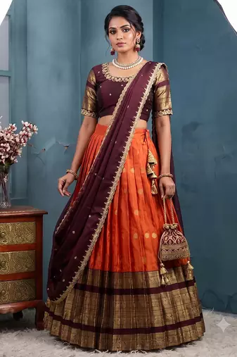 Orange Half Saree Set with Maroon Embroidered Blouse & Dupatta
