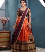 Orange Half Saree Set with Maroon Embroidered Blouse & Dupatta