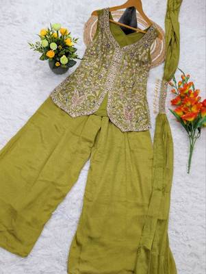 Green viscose embroidered sharara set 3