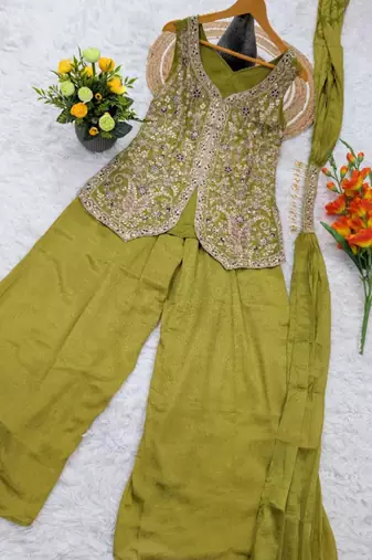Green viscose embroidered sharara set