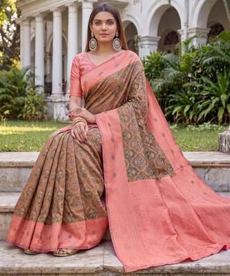 GREEN PINK ART SILK BANARASI JACUARD WORK SAREE WITH UNSTITCHED BLOUSE PIECE 3