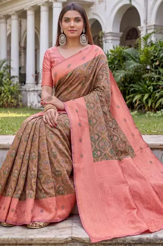 GREEN PINK ART SILK BANARASI JACUARD WORK SAREE WITH UNSTITCHED BLOUSE PIECE