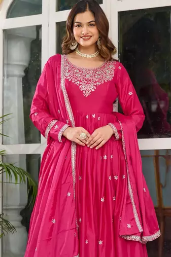 Hot-pink silk blend thread flared embroidered gown set
