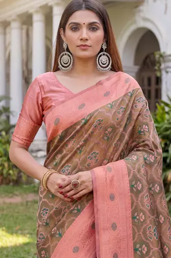 GREEN PINK ART SILK BANARASI JACUARD WORK SAREE WITH UNSTITCHED BLOUSE PIECE