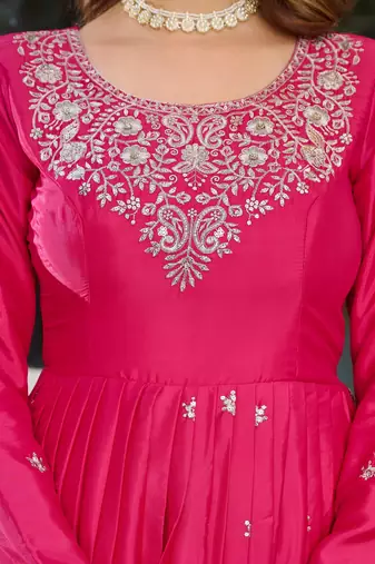Hot-pink silk blend thread flared embroidered gown set