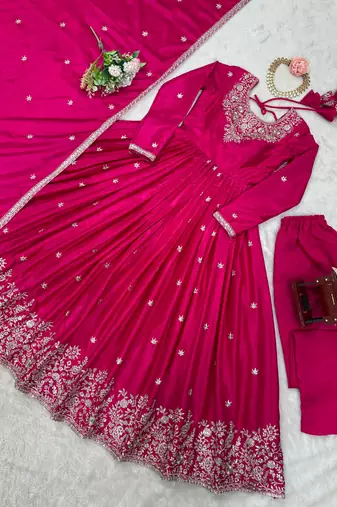 Hot-pink silk blend thread flared embroidered gown set