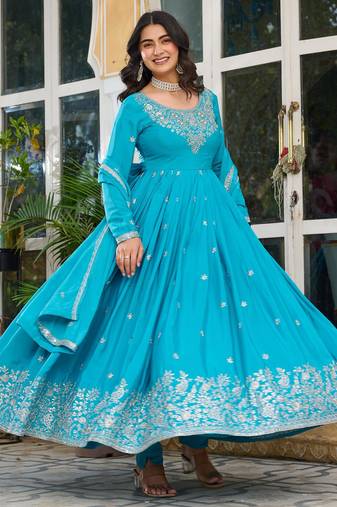 Blue silk blend thread embroidered flared gown set