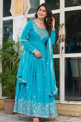 Blue silk blend thread embroidered flared gown set