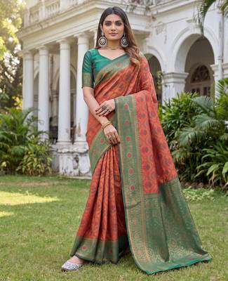 orange green art silk banarasi jacuard work designer saree with unstitched blouse piece 1