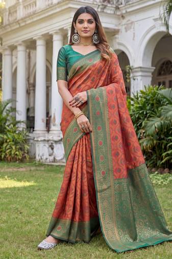orange green art silk banarasi jacuard work designer saree with unstitched blouse piece
