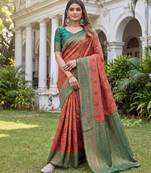 orange green art silk banarasi jacuard work designer saree with unstitched blouse piece