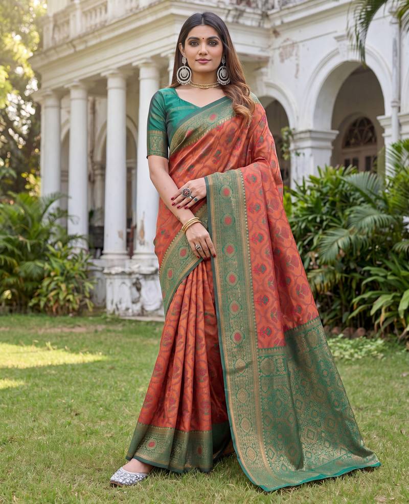 orange green art silk banarasi jacuard work designer saree with unstitched blouse piece