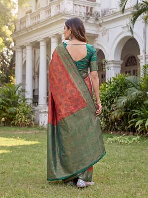 orange green art silk banarasi jacuard work designer saree with unstitched blouse piece 2