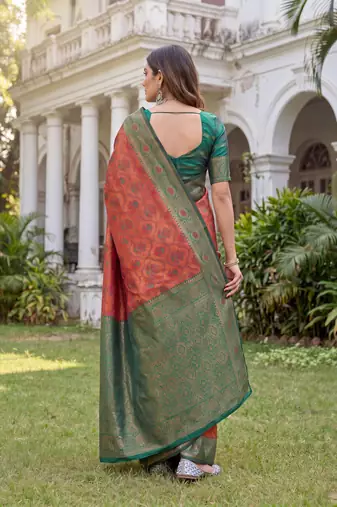 orange green art silk banarasi jacuard work designer saree with unstitched blouse piece