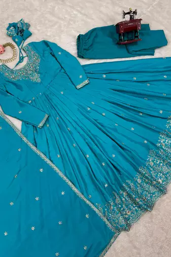 Blue silk blend thread embroidered flared gown set