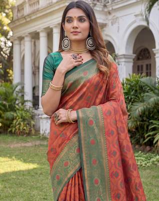 orange green art silk banarasi jacuard work designer saree with unstitched blouse piece 3