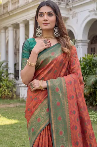 orange green art silk banarasi jacuard work designer saree with unstitched blouse piece