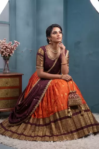 Orange Half Saree Set with Maroon Embroidered Blouse & Dupatta