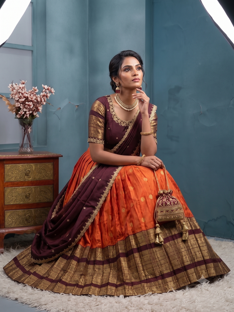 Orange Half Saree Set with Maroon Embroidered Blouse & Dupatta