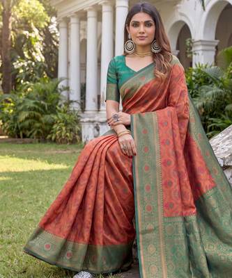 orange green art silk banarasi jacuard work designer saree with unstitched blouse piece 4
