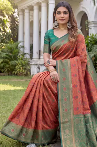 orange green art silk banarasi jacuard work designer saree with unstitched blouse piece