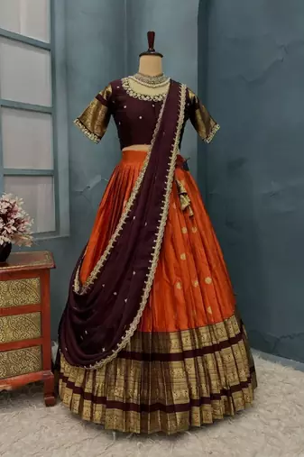 Orange Half Saree Set with Maroon Embroidered Blouse & Dupatta