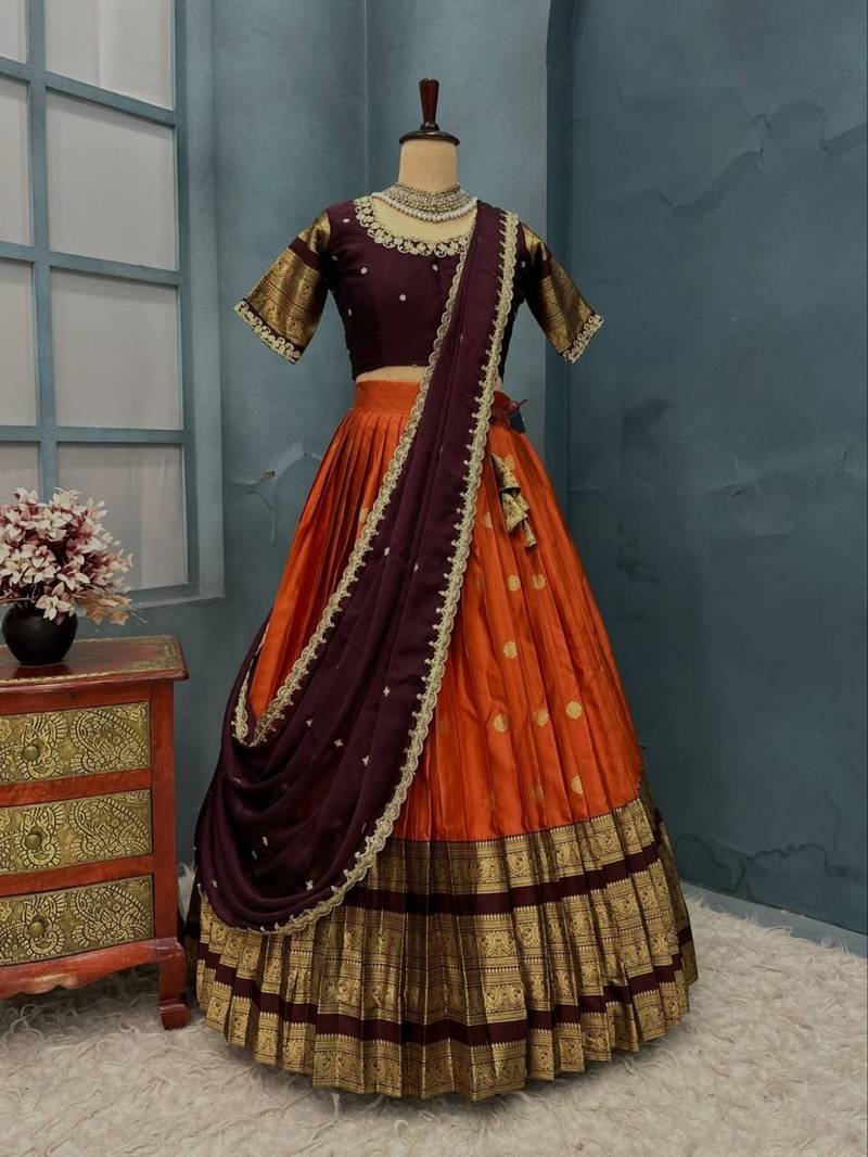 Orange Half Saree Set with Maroon Embroidered Blouse & Dupatta
