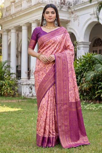 LIGHT PINK ART SILK BANARASI JACUARD WORK SAREE WITH UNSTITCHED BLOUSE PIECE