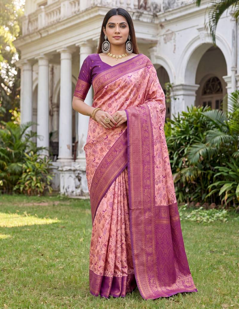 LIGHT PINK ART SILK BANARASI JACUARD WORK SAREE WITH UNSTITCHED BLOUSE PIECE