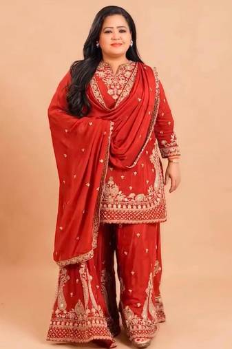 Red silk blend embroidered palazzo set
