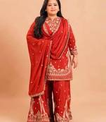 Red silk blend embroidered palazzo set