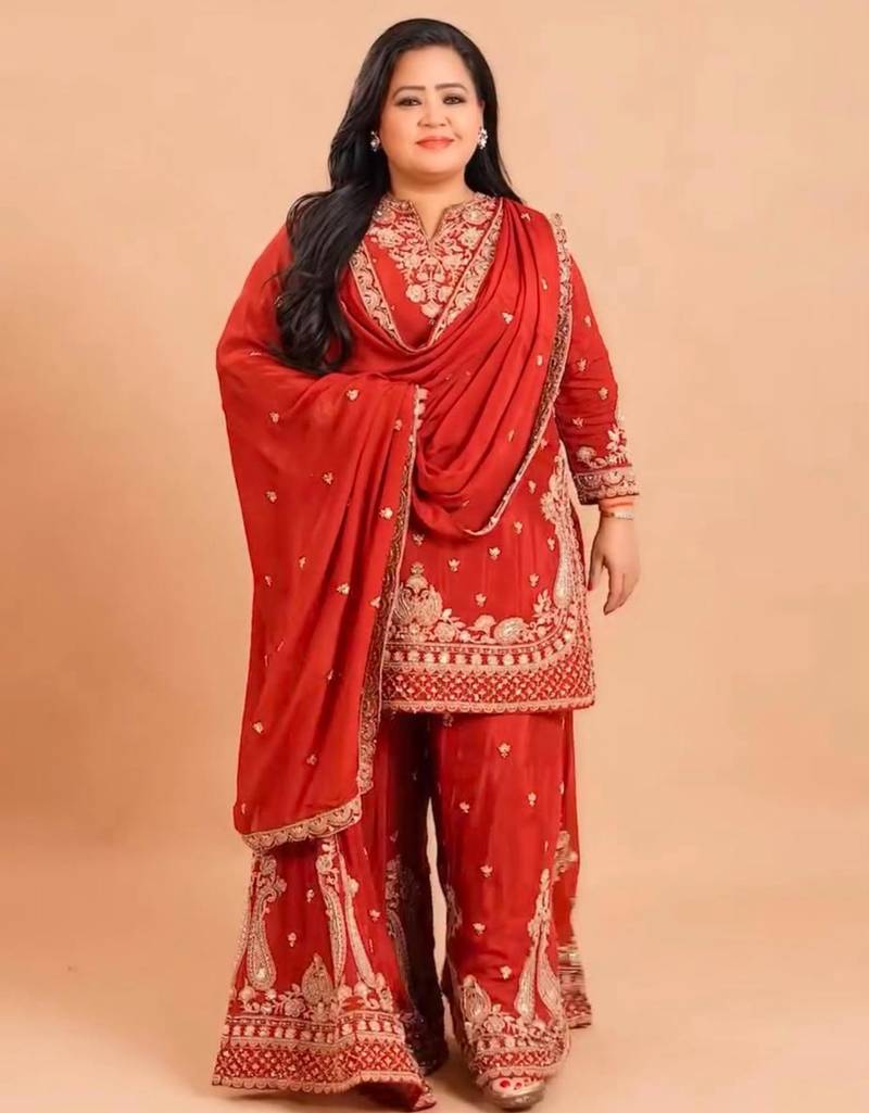 Red silk blend embroidered palazzo set
