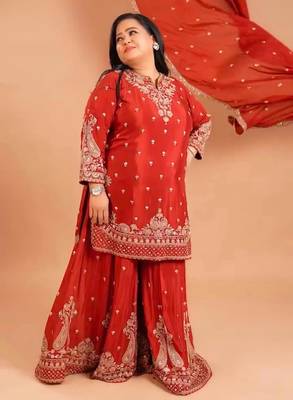 Red silk blend embroidered palazzo set 2