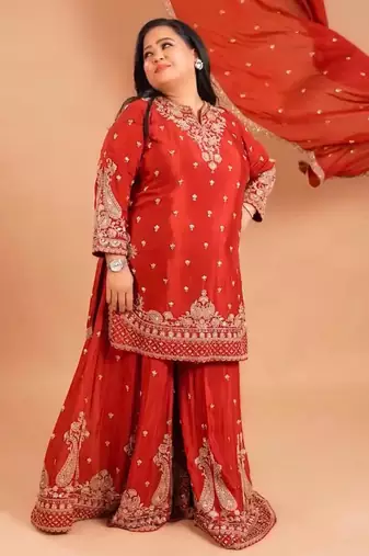Red silk blend embroidered palazzo set