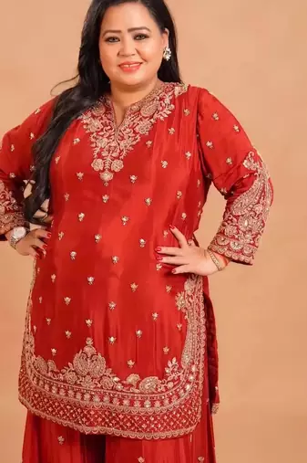 Red silk blend embroidered palazzo set