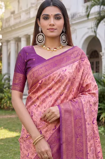 LIGHT PINK ART SILK BANARASI JACUARD WORK SAREE WITH UNSTITCHED BLOUSE PIECE