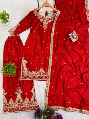 Red silk blend embroidered palazzo set 4